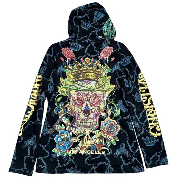 Christian Audigier Y2K Zip Hoodie Skull Tattoo Art Jacket Men’s L Ed Hardy - Picture 1 of 9
